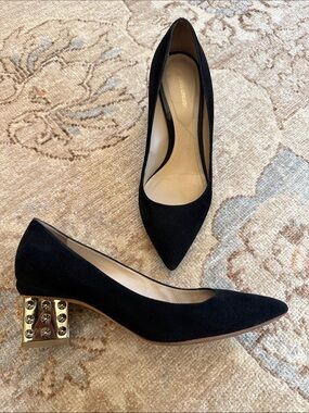 Nicholas Kirkwood Black Suede Pointed Pumps with Gold Studded Block Heel